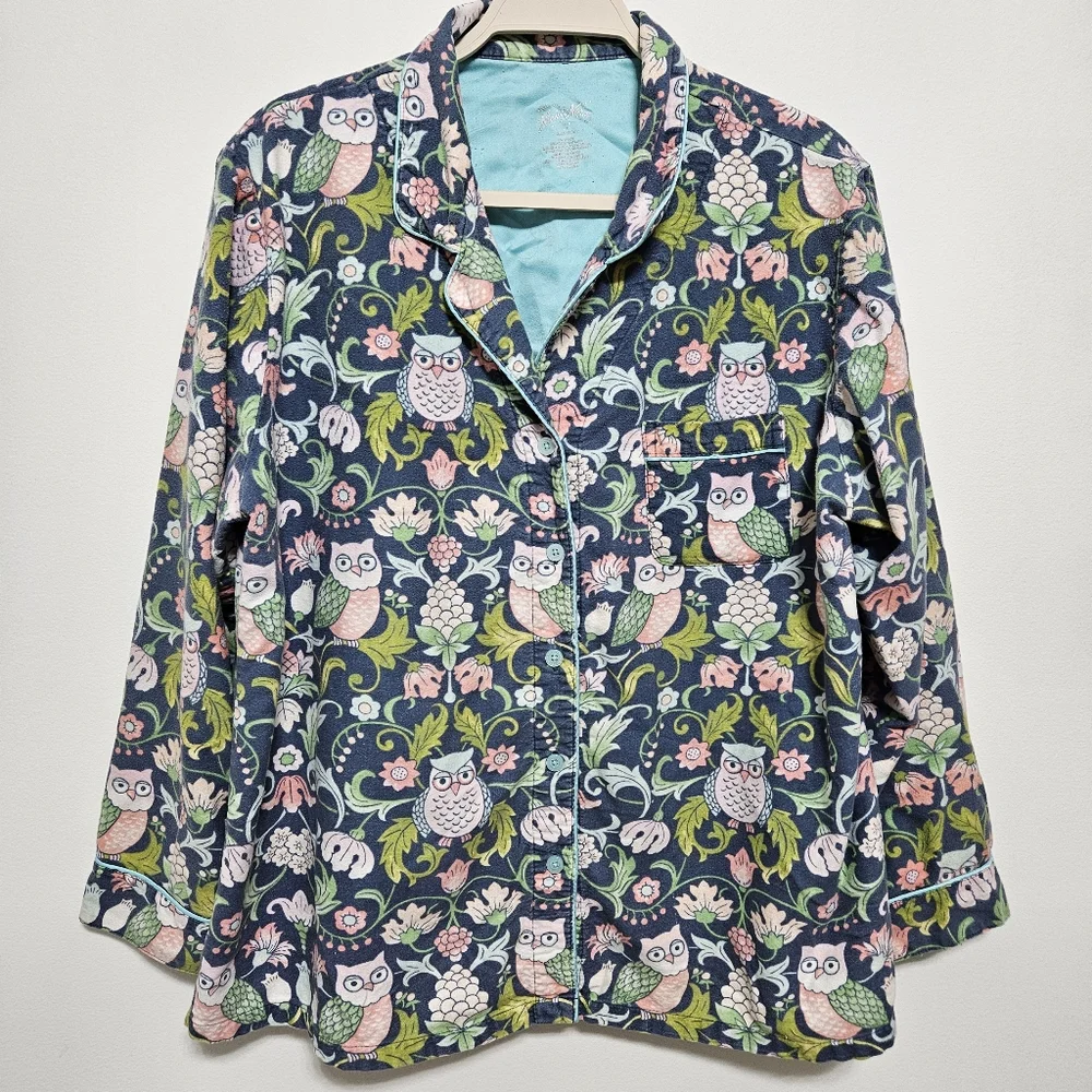 Nick & Nora Womens Pajama Top Owls Flannel 100% Cotton Cottagecore Blue Pink XL‎